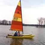 First sail on our 1976 Hobie 16.  Reefed main and no jib.  The wind was strong and we still managed to do a violent pitchpole.