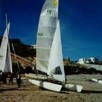 My boat rigged and waiting in Cholla Bay, Mexico Prindle 19MX