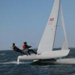 Its hard to trim the jib on a Stingray when the winds over 25 knots. Todd and Jeff at Kingston after racing was cancelled