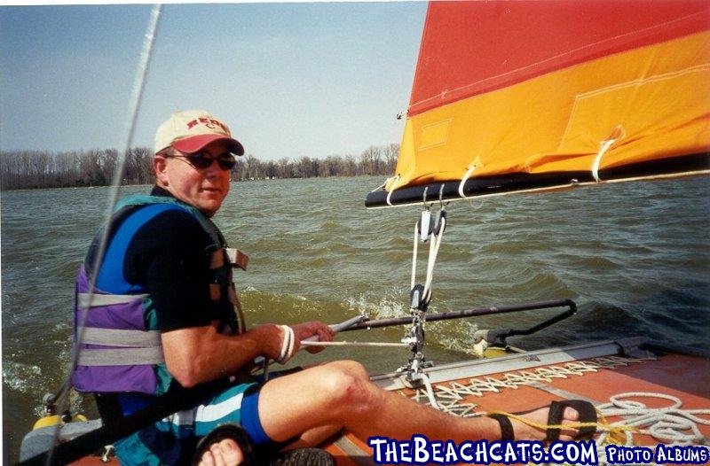 First sail. Notice reefed main.  I didn't realize at the time that the knot had come off the upper becket and wedged in the lowe